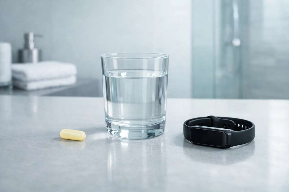 Κάψουλα συμπληρώματος, ποτήρι νερό και smartwatch σε μοντέρνο λευκό πάγκο μπάνιου