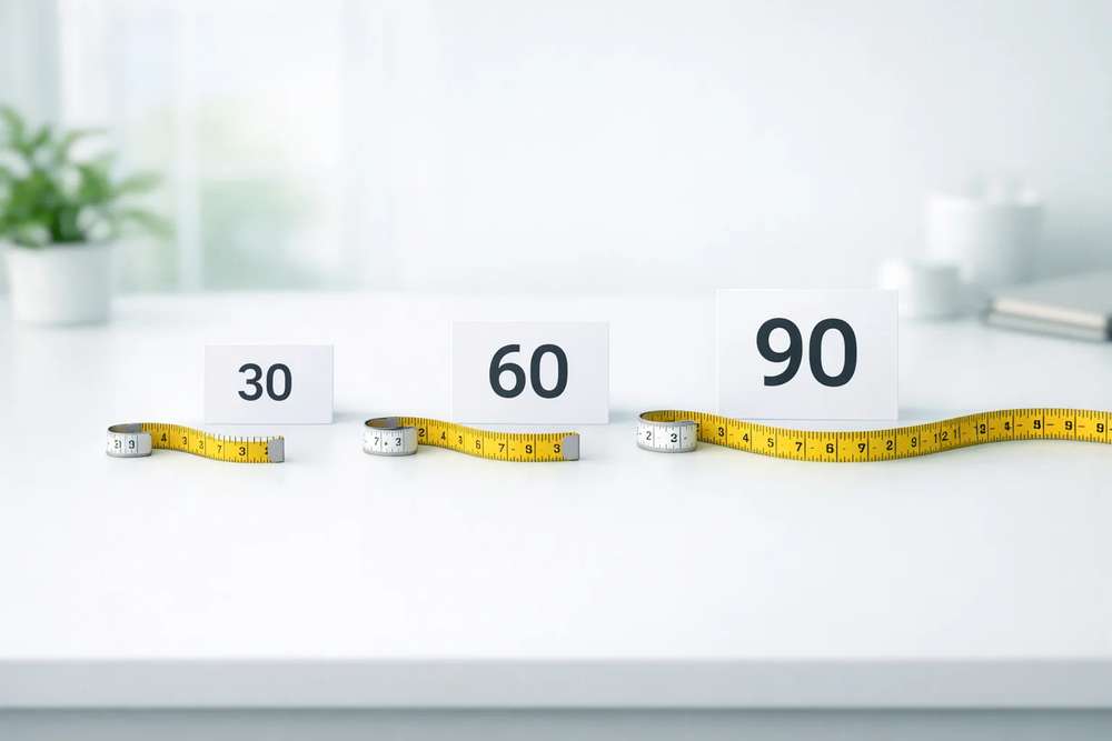Τρεις κάρτες με αριθμούς 30, 60 και 90 σε λευκό τραπέζι με μέτρο ραπτικής