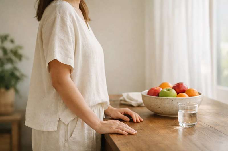 Ήρεμη απεικόνιση κοιλιακής περιοχής σε editorial wellness περιβάλλον με φυσικές υφές και ζεστό φως